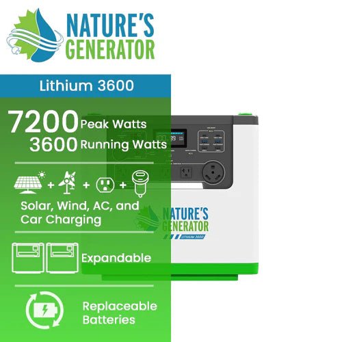 Natures Generator 2 x Lithium 3600 With Power Pods + Combiner (7.2kW/12.2kWh) - Off Grid Stores