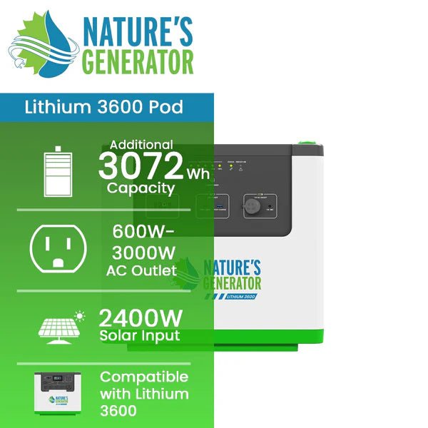 Natures Generator Lithium 3600 Pod With 2 x 410W Monocrystalline Solar Panel - Off Grid Stores