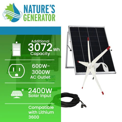 Natures Generator Lithium 3600 With Power Pod + 4 x 100W Monocrystalline Solar Panel + Wind Turbine - Off Grid Stores