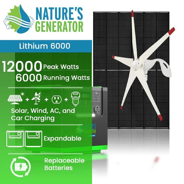 Natures Generator Lithium 6000 Solar Generator With 410W Rigid Solar Panels + Wind Turbine - Off Grid Stores