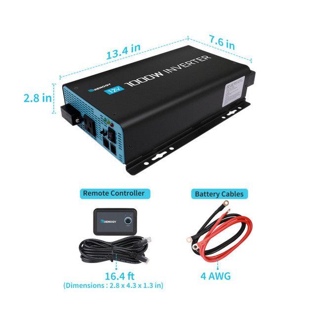 Renogy 1000W 12V Pure Sine Wave Inverter with Power Saving Mode (New Edition) + Bluetooth Module - Off Grid Stores