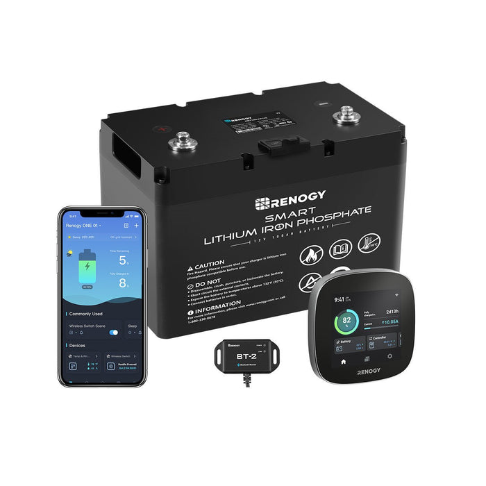 Renogy 12V 100Ah Smart Lithium Iron Phosphate Battery & BT - 2 & Renogy ONE Core - Off Grid Stores