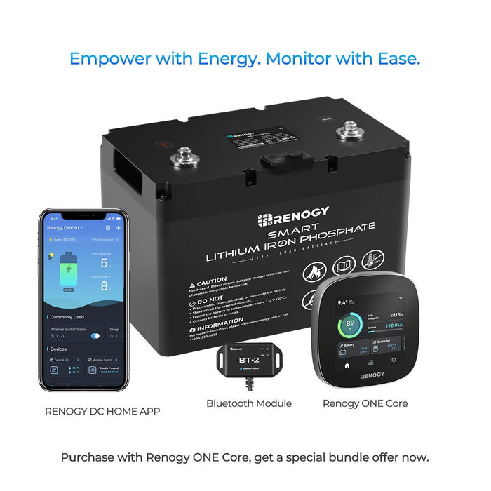 Renogy 12V 100Ah Smart Lithium Iron Phosphate Battery & BT - 2 & Renogy ONE Core - Off Grid Stores