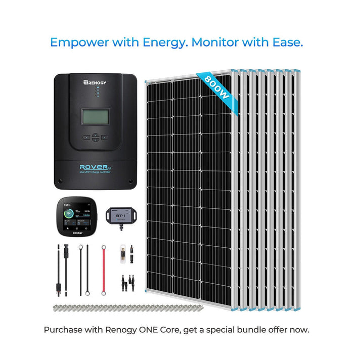 Renogy 800W 12V/24V Monocrystalline Solar Premium Kit w/Rover 60A Charger Controller w/Renogy ONE Core - Off Grid Stores
