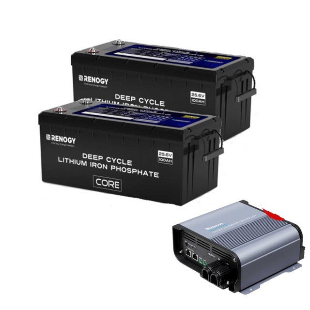 Renogy Core 24V 100Ah Deep Cycle Lithium Iron Phosphate Battery with 48V 10A Rover Boost Charge Controller - Off Grid Stores
