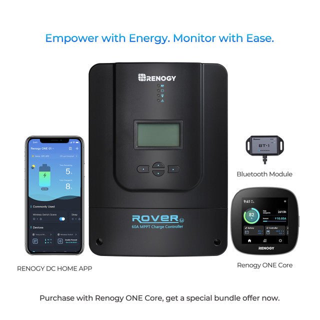 Renogy Rover 60 Amp MPPT Solar Charge Controller with BT - 1 Bluetooth Module + Renogy One Core - Off Grid Stores