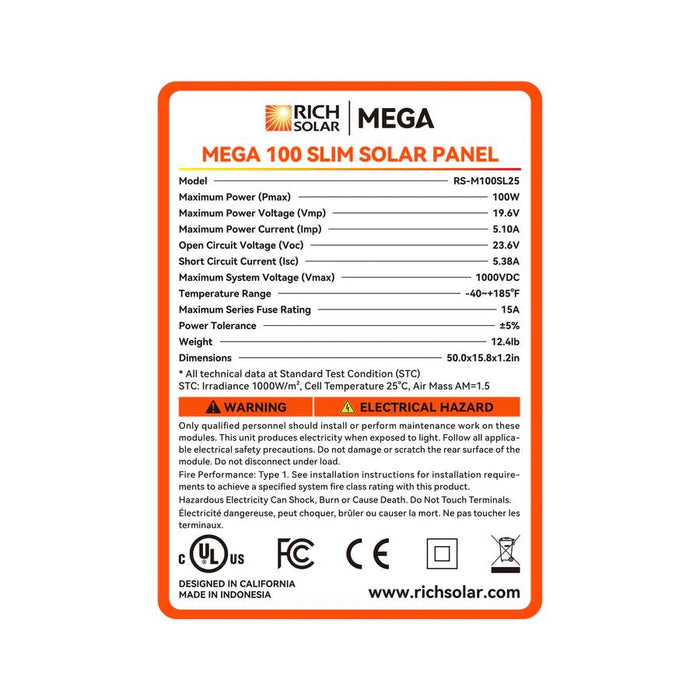 Rich Solar MEGA 100 Watt 12V Slim Monocrystalline Solar Panel - Off Grid Stores