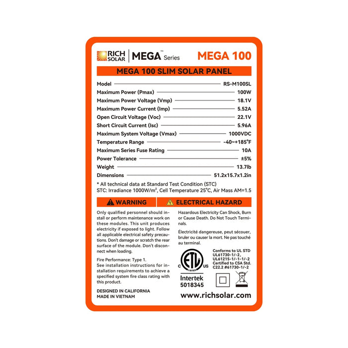 Rich Solar MEGA 100 Watt Slim Monocrystalline Solar Panel - Off Grid Stores