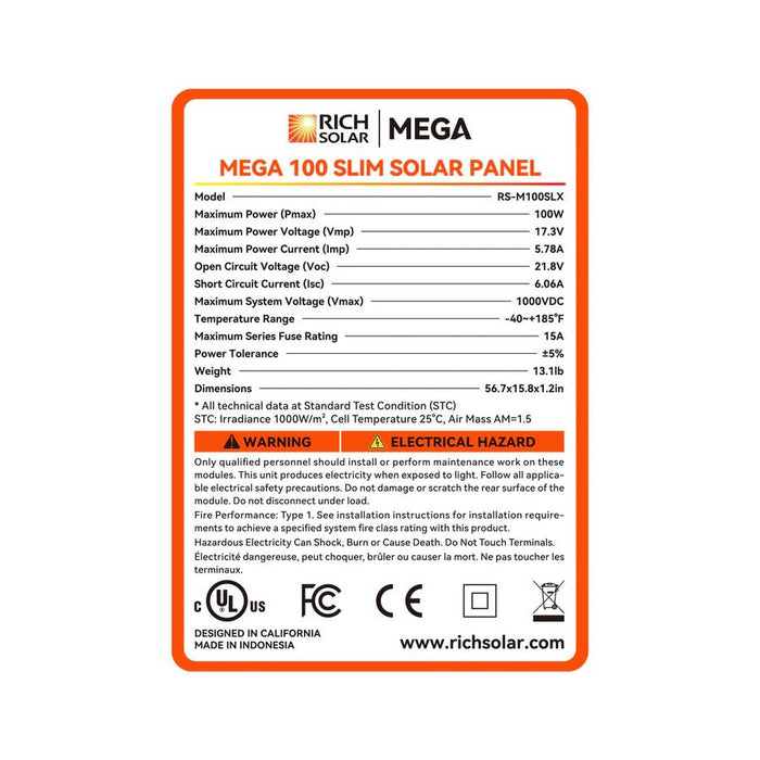 Rich Solar MEGA 100 Watt Slim Monocrystalline Solar Panel - Off Grid Stores