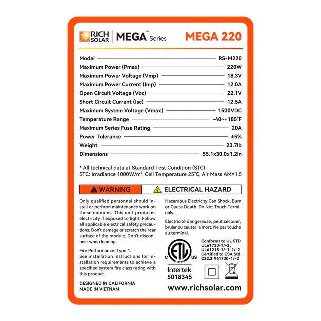 Rich Solar Mega 220 Watt 12V Monocrystalline Solar Panel - Off Grid Stores