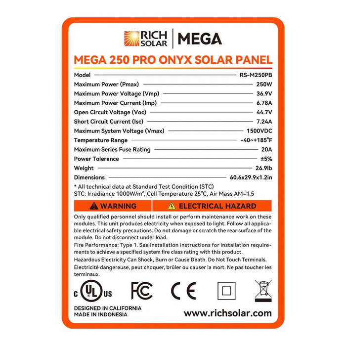 Rich Solar MEGA 250 PRO 250 Watt Monocrystalline Solar Panel UL Certified Black - Off Grid Stores