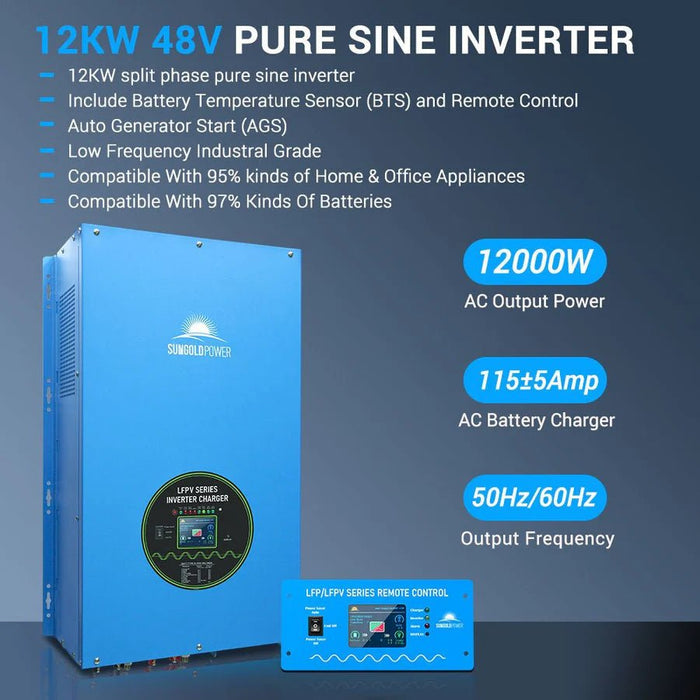 SunGoldPower 12000W 48V Split Phase Pure Sine Wave Inverter Charger - Off Grid Stores