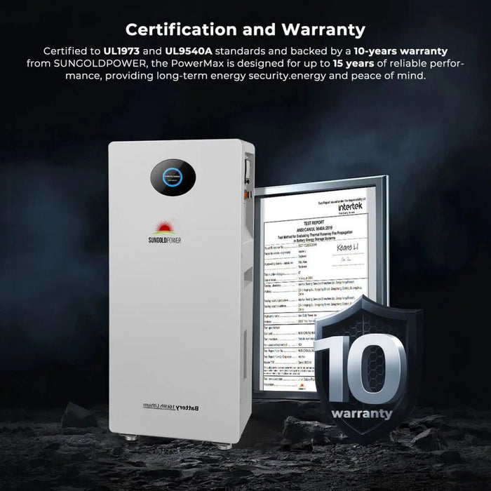 SunGoldPower PowerMax 51.2V 314AH Outdoor Energy Storage Battery UL1973 & UL9540A - Off Grid Stores