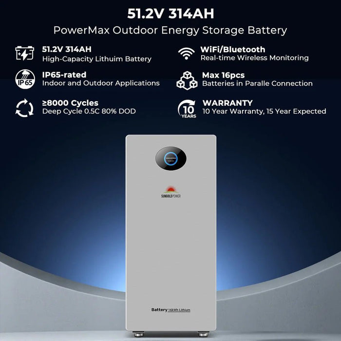 SunGoldPower PowerMax 51.2V 314AH Outdoor Energy Storage Battery UL1973 & UL9540A - Off Grid Stores