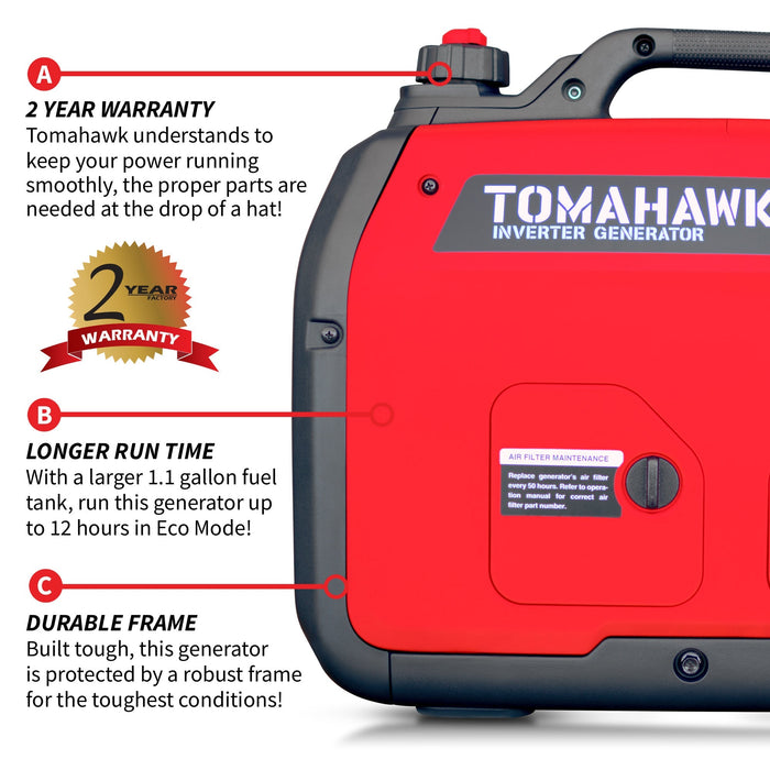 Tomahawk Power 2000 Watt Inverter Generator Super Quiet Portable Gas Power Professional Use - Off Grid Stores