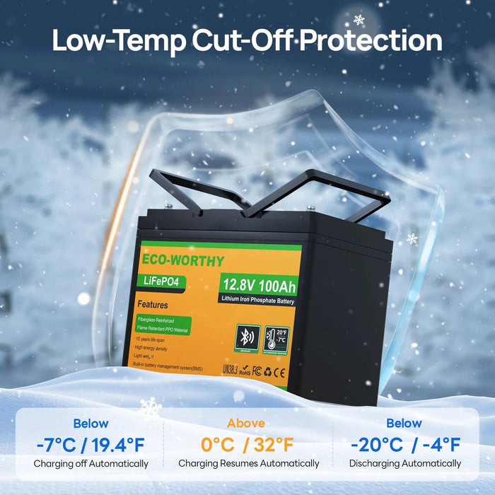 ECO-WORTHY 12V 100Ah Lithium Iron Phosphate Battery With Bluetooth And Low-Temperature Protection - Off Grid Stores