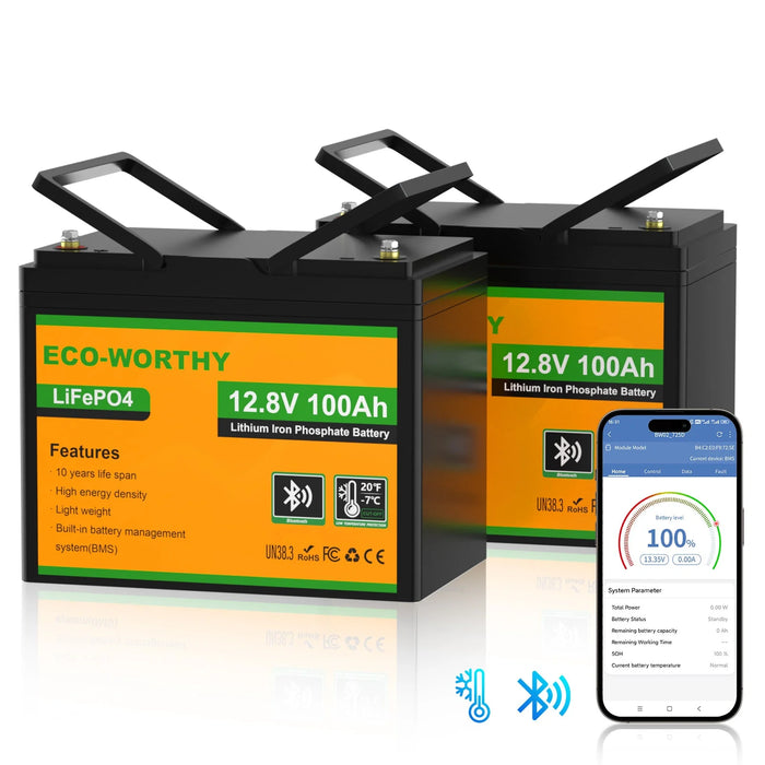 ECO-WORTHY 12V 100Ah Lithium Iron Phosphate Battery With Bluetooth And Low-Temperature Protection - Off Grid Stores