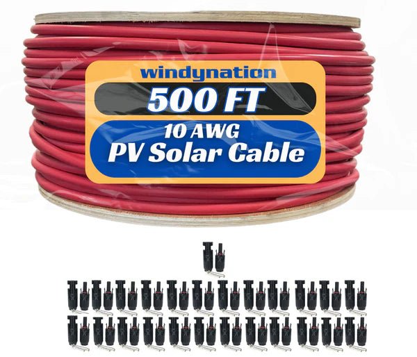 WindyNation 500 Foot Spool 10 Gauge 10 AWG Red Pure Copper Solar Panel Extension Cable Wire - Off Grid Stores