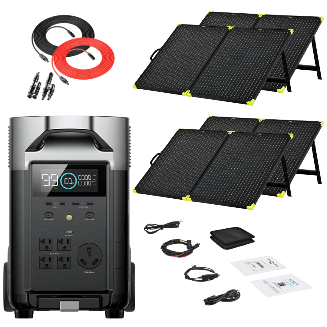 EcoFlow DELTA Pro With Extra Battery 7200Wh 3600W Solar Generator + 200W  Rigid Monocrystalline Solar Panels Kit - Off Grid Stores