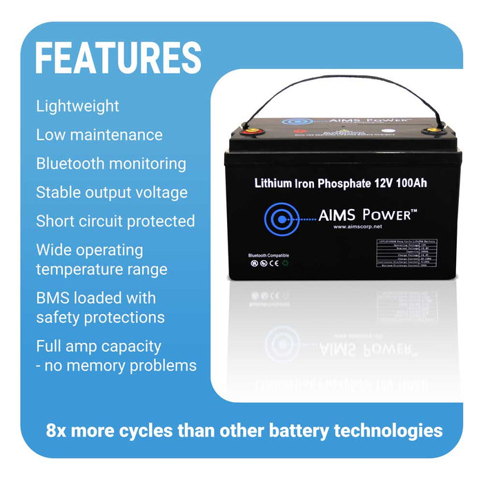 Aims Power Lithium Battery 12V 100Ah LiFePO4 Lithium Iron Phosphate with Bluetooth Monitoring - Off Grid Stores