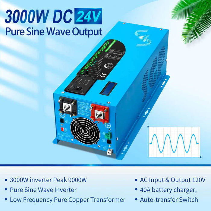 SunGoldPower 3000W DC 24V Pure Sine Wave Inverter With Charger - Off ...